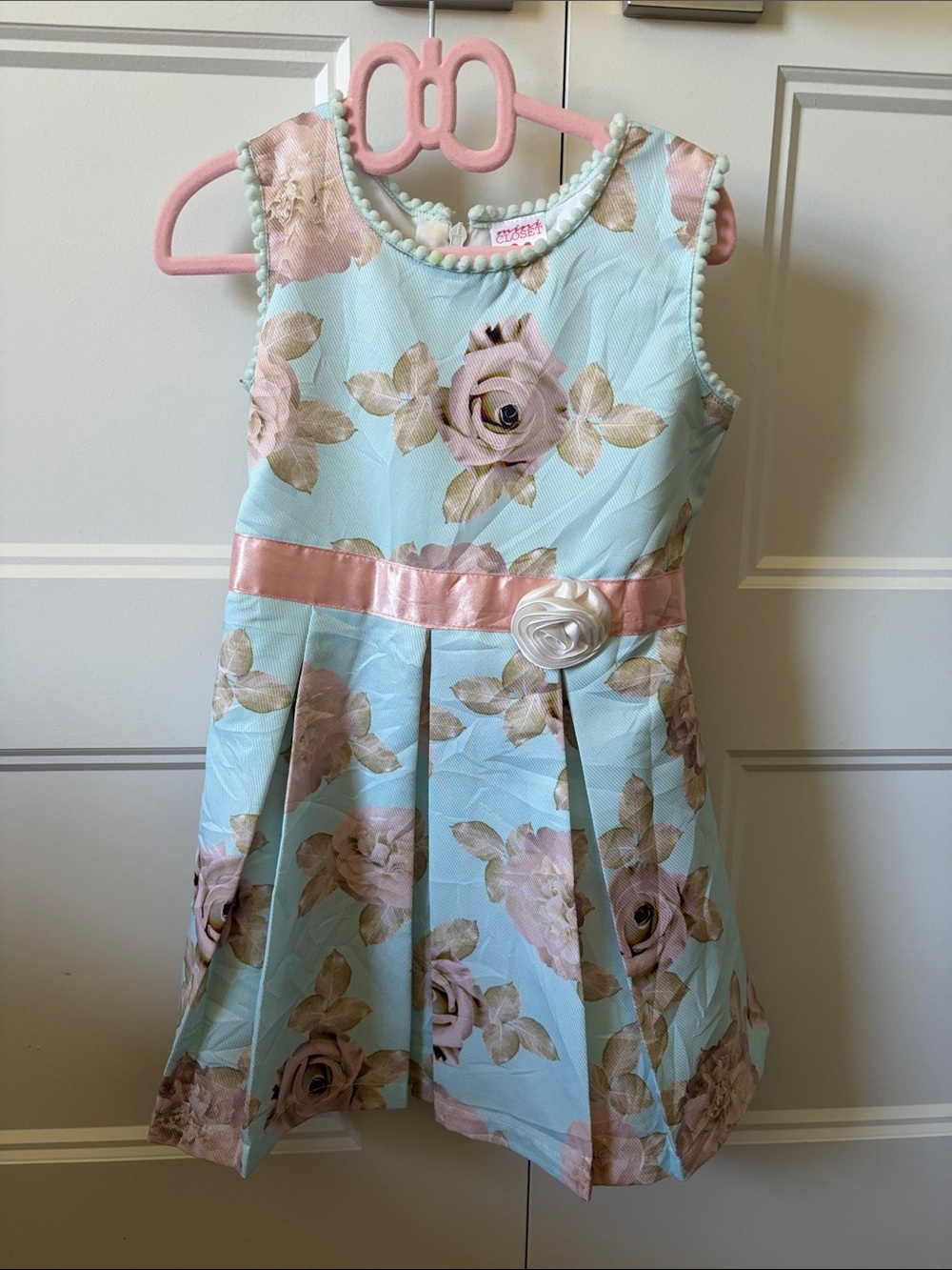 Girl's Floral Satin Belt Dress - Light Blue & Pink